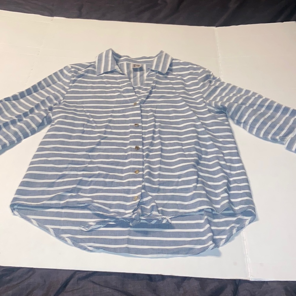 Anne Klein light blue and white striped button down shirt.
